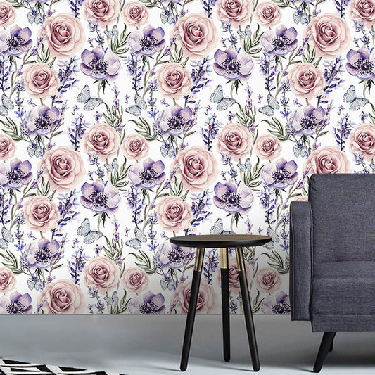 Illustrationsstil Tapete Blühende Rose Wandverkleidung für Gästezimmer Dekor in sanften Farben, selbstklebend