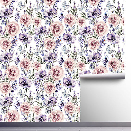 Illustrationsstil Tapete Blühende Rose Wandverkleidung für Gästezimmer Dekor in sanften Farben, selbstklebend