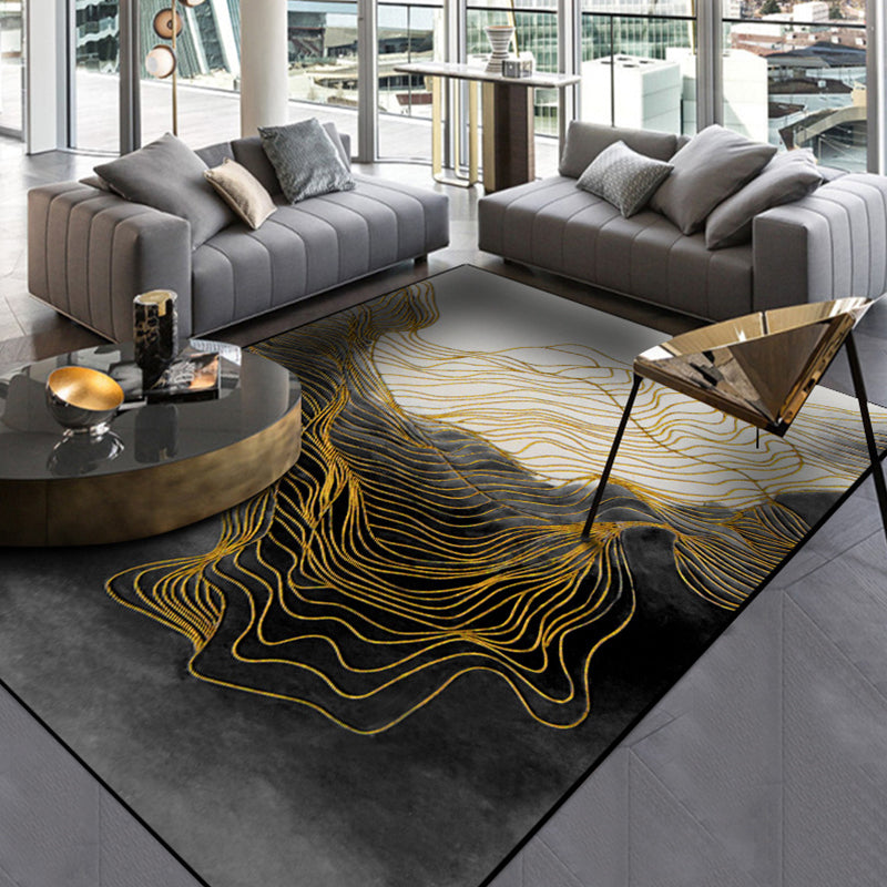 Frendorf | Moderne Swirl Gestreepte Patroon Tapijt Zwart Polyester Area Vloerkleed Antislip Huisdiervriendelijk Wasbaar Tapijt voor Zitten Kamer