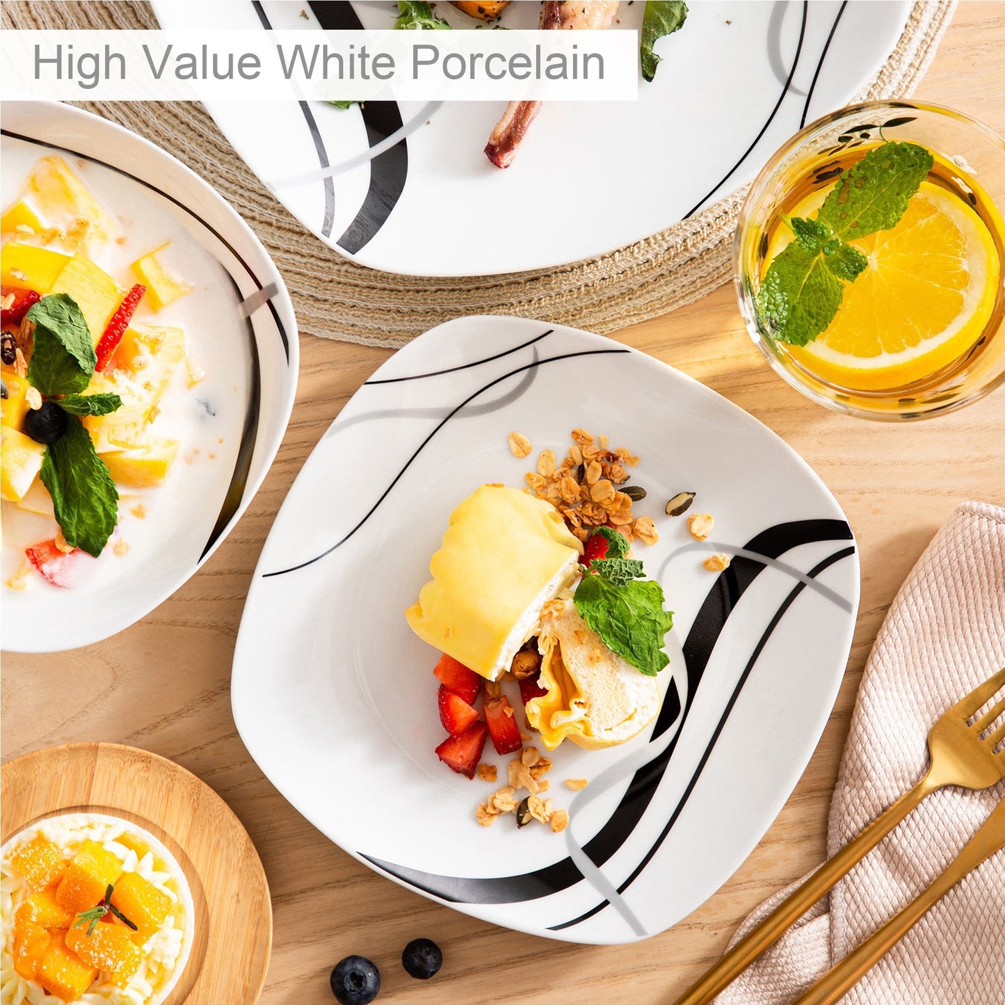 Frendorf | 18 Stück oder 36 Stück Porzellan Keramik Küchen Geschirr Teller Set