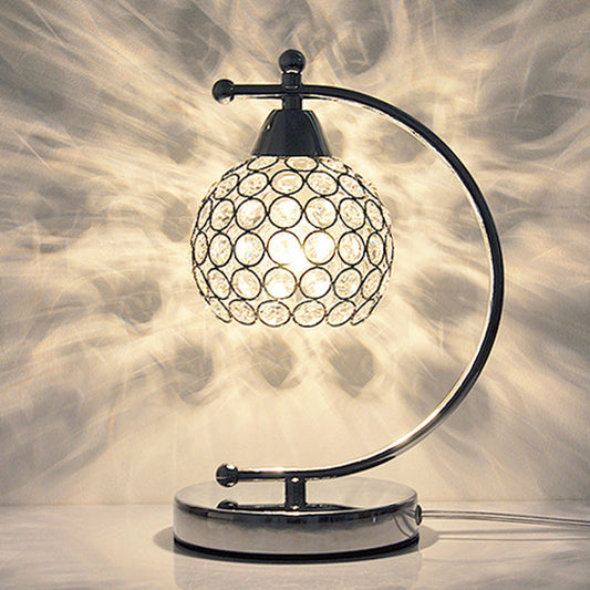 Nordic gewölbte kleine Schreibtischbeleuchtung einzelne Glühbirne Kristall eingebettete Tischlampe mit gewölbtem Arm in Silber
