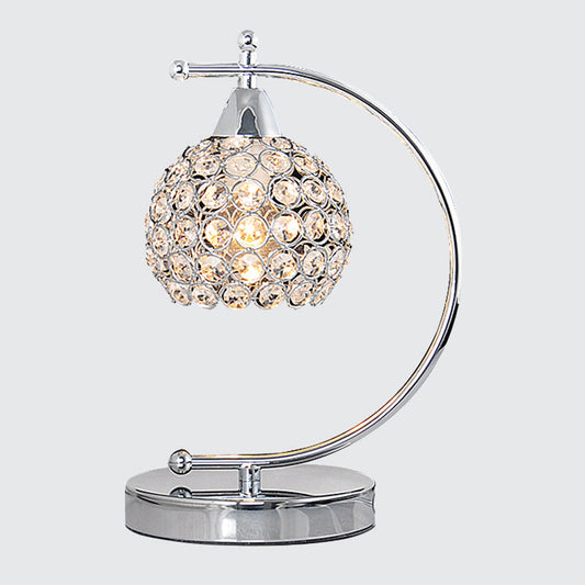 Nordic gewölbte kleine Schreibtischbeleuchtung einzelne Glühbirne Kristall eingebettete Tischlampe mit gewölbtem Arm in Silber