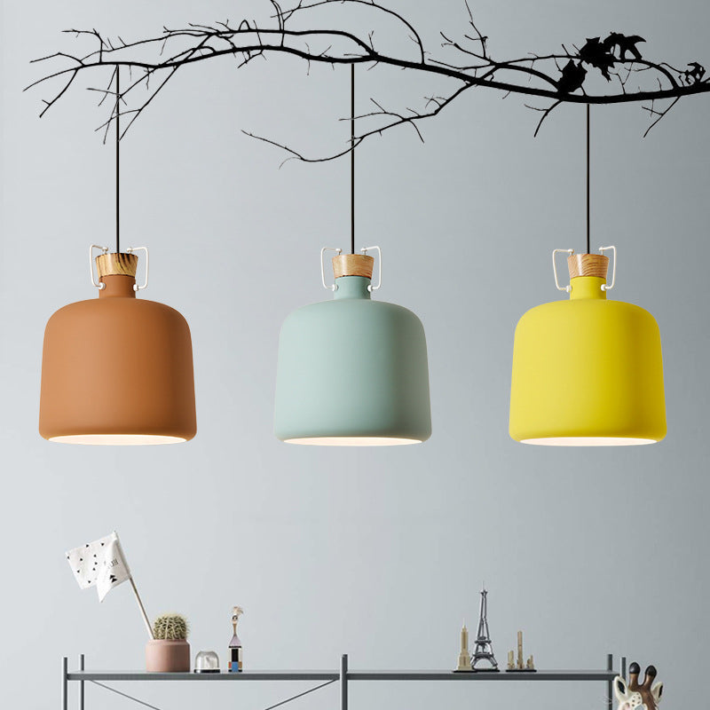 Wein Jar-förmige Down Lighting Macaron Aluminium 1-Licht Offene Küche Pendelleuchte in Blau/Gold/Braun mit Holz-Kork