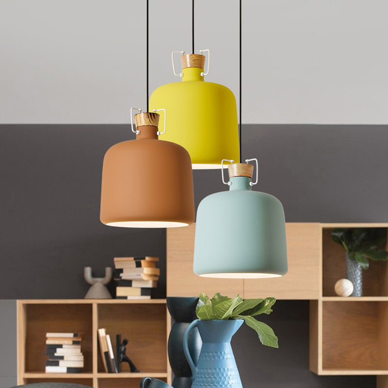 Wein Jar-förmige Down Lighting Macaron Aluminium 1-Licht Offene Küche Pendelleuchte in Blau/Gold/Braun mit Holz-Kork