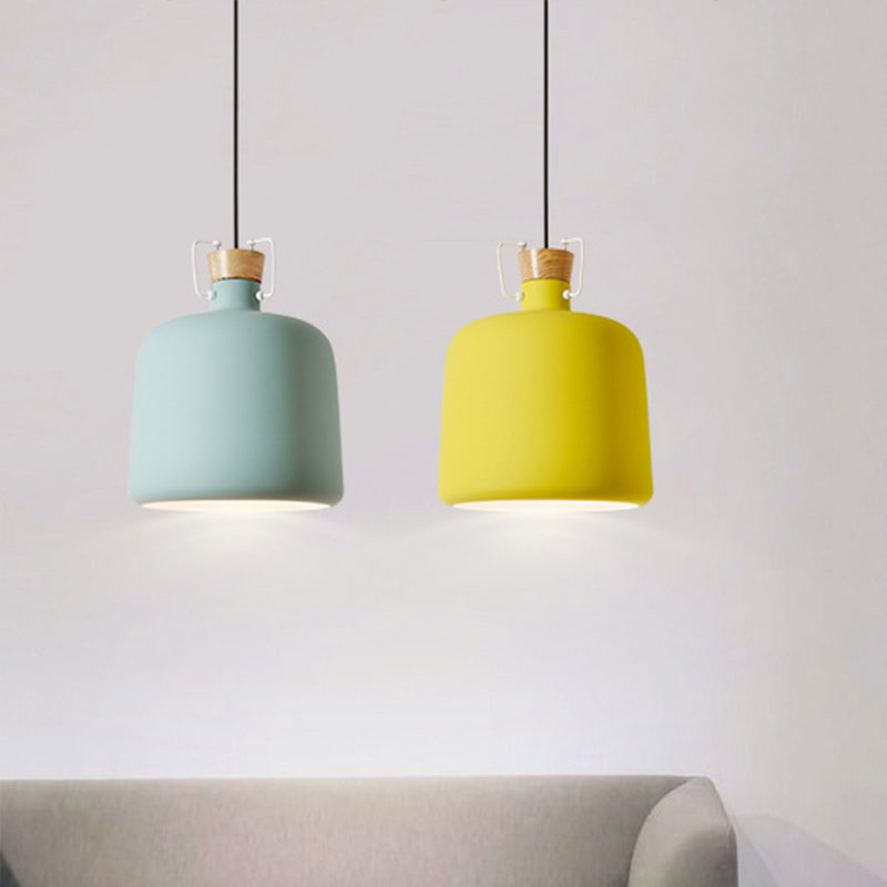 Wein Jar-förmige Down Lighting Macaron Aluminium 1-Licht Offene Küche Pendelleuchte in Blau/Gold/Braun mit Holz-Kork