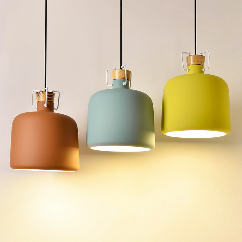 Wein Jar-förmige Down Lighting Macaron Aluminium 1-Licht Offene Küche Pendelleuchte in Blau/Gold/Braun mit Holz-Kork