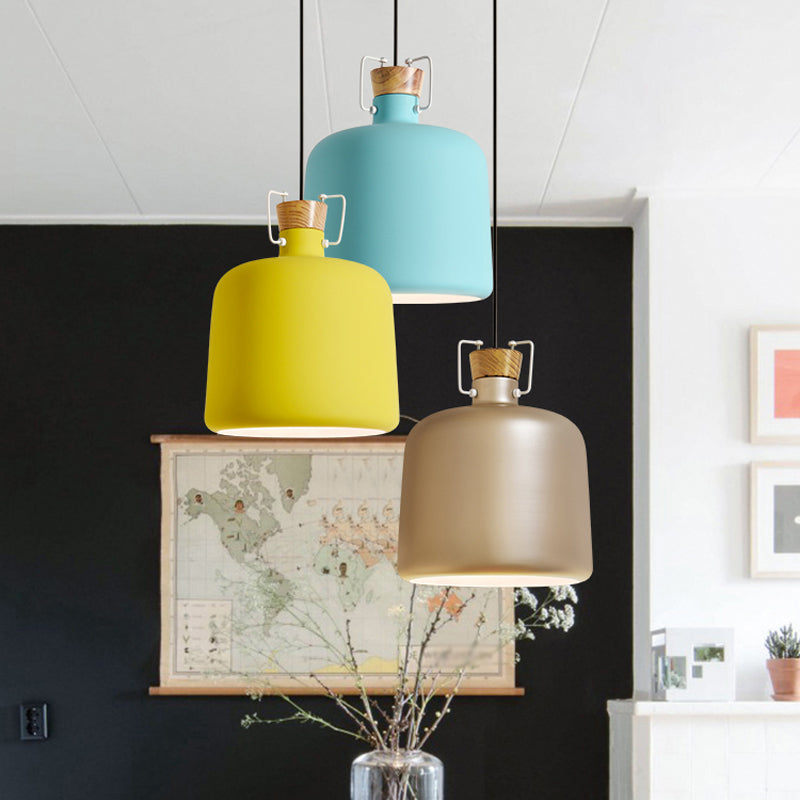 Wein Jar-förmige Down Lighting Macaron Aluminium 1-Licht Offene Küche Pendelleuchte in Blau/Gold/Braun mit Holz-Kork