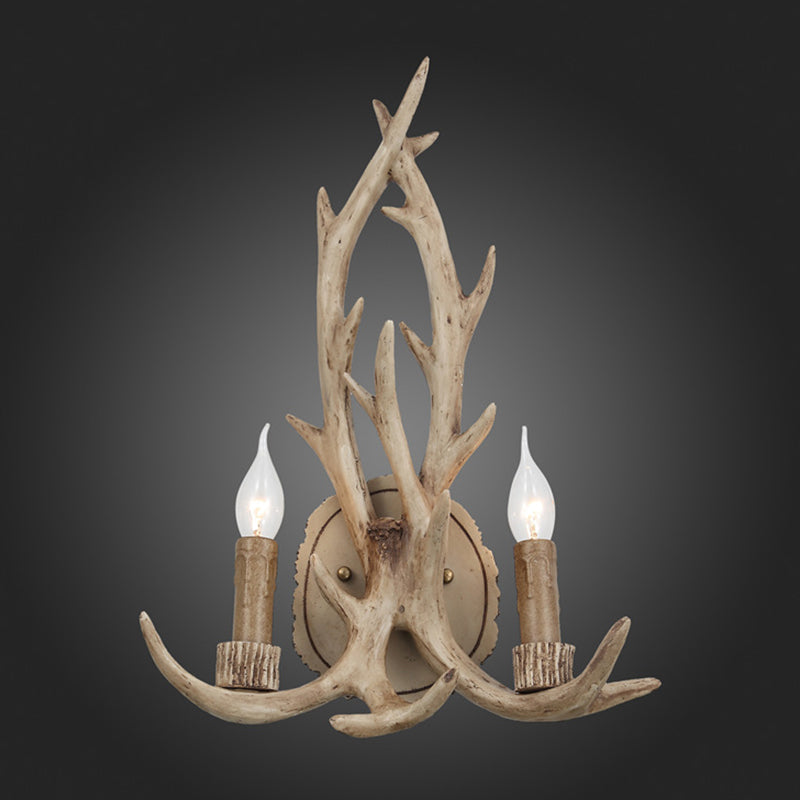 Frendorf | 2 Köpfe Geweih Wandlicht Leuchte Rustikal Kaffee/Braun/Grau Harz Wandmontierte Lampe mit Freilampen-Design