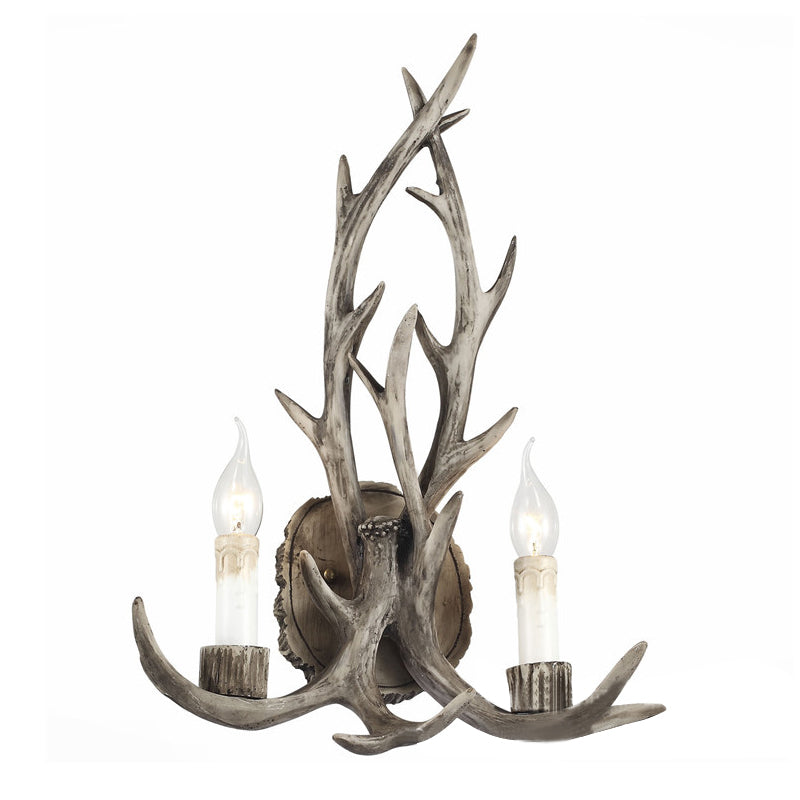 Frendorf | 2 Köpfe Geweih Wandlicht Leuchte Rustikal Kaffee/Braun/Grau Harz Wandmontierte Lampe mit Freilampen-Design