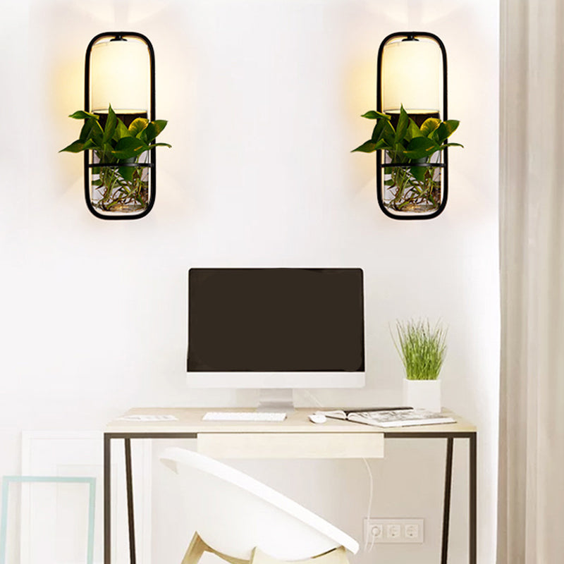 Frendorf | 1 Glühbirne Zylindrische Wandleuchte Lodge Schwarz/Weiß/Gold Stoff Wandlampe mit Warm/Weiß Licht und PflanzenTopf