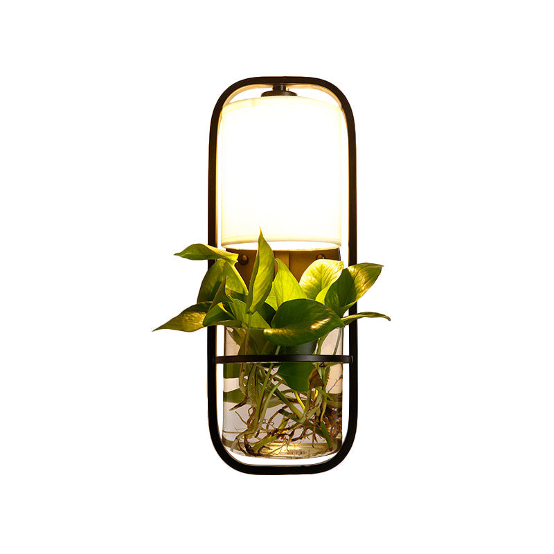 Frendorf | 1 Glühbirne Zylindrische Wandleuchte Lodge Schwarz/Weiß/Gold Stoff Wandlampe mit Warm/Weiß Licht und PflanzenTopf