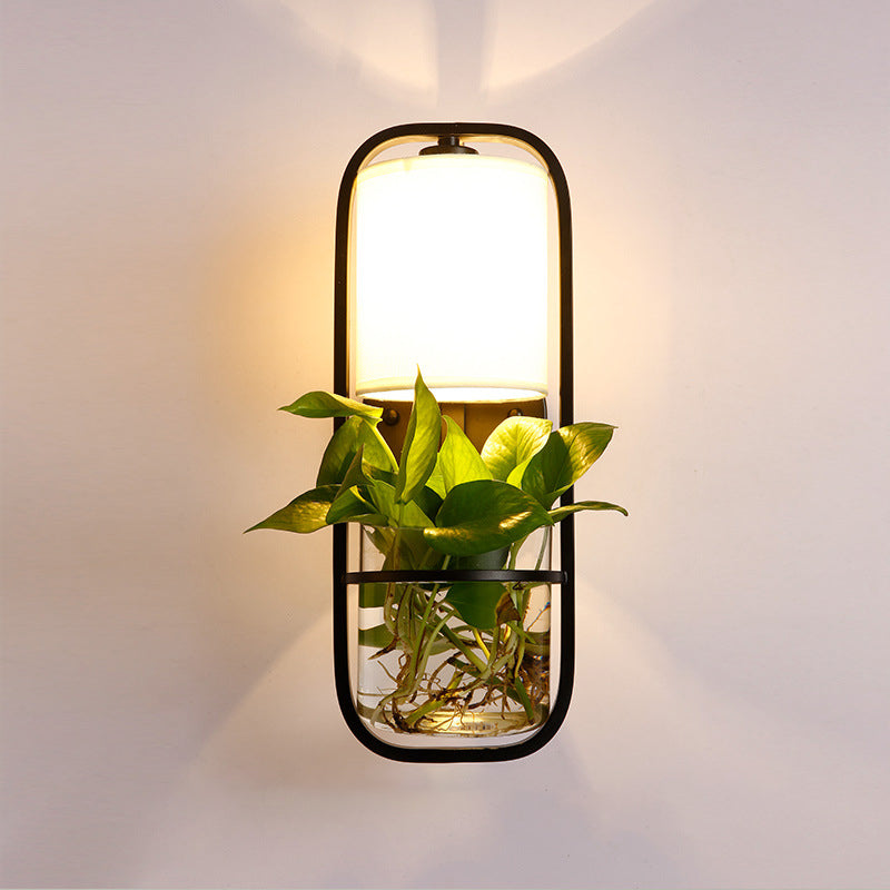 Frendorf | 1 Glühbirne Zylindrische Wandleuchte Lodge Schwarz/Weiß/Gold Stoff Wandlampe mit Warm/Weiß Licht und PflanzenTopf