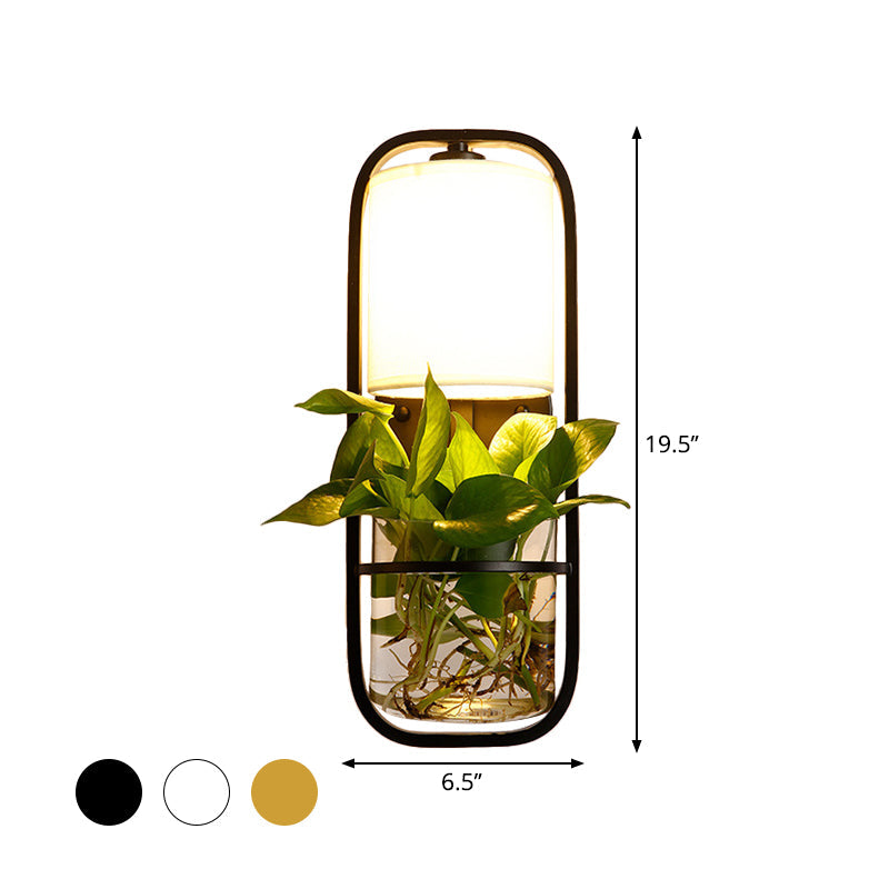 Frendorf | 1 Glühbirne Zylindrische Wandleuchte Lodge Schwarz/Weiß/Gold Stoff Wandlampe mit Warm/Weiß Licht und PflanzenTopf