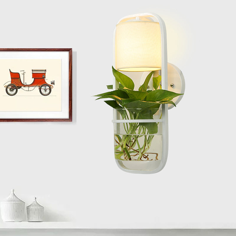Frendorf | 1 Glühbirne Zylindrische Wandleuchte Lodge Schwarz/Weiß/Gold Stoff Wandlampe mit Warm/Weiß Licht und PflanzenTopf