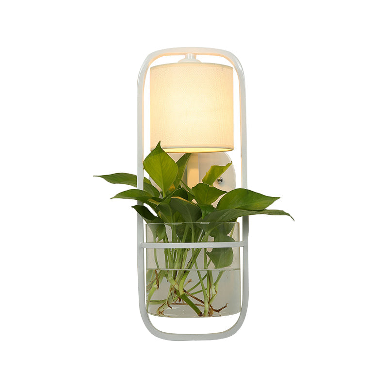 Frendorf | 1 Glühbirne Zylindrische Wandleuchte Lodge Schwarz/Weiß/Gold Stoff Wandlampe mit Warm/Weiß Licht und PflanzenTopf