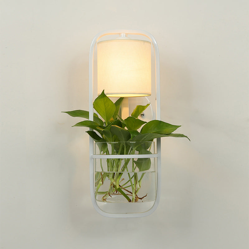 Frendorf | 1 Glühbirne Zylindrische Wandleuchte Lodge Schwarz/Weiß/Gold Stoff Wandlampe mit Warm/Weiß Licht und PflanzenTopf