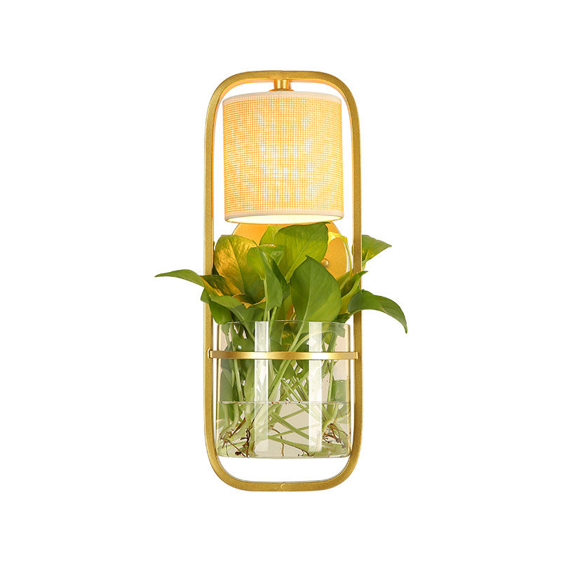 Frendorf | 1 Glühbirne Zylindrische Wandleuchte Lodge Schwarz/Weiß/Gold Stoff Wandlampe mit Warm/Weiß Licht und PflanzenTopf