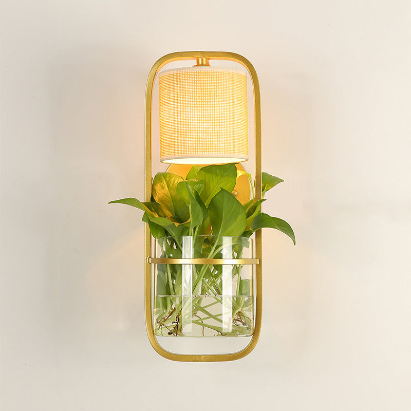 Frendorf | 1 Glühbirne Zylindrische Wandleuchte Lodge Schwarz/Weiß/Gold Stoff Wandlampe mit Warm/Weiß Licht und PflanzenTopf
