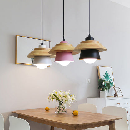 2-schattige Eisen-Hängelampe Kit Macaron Einzeln Pink/Grau/Grün und Holz Pendelleuchte