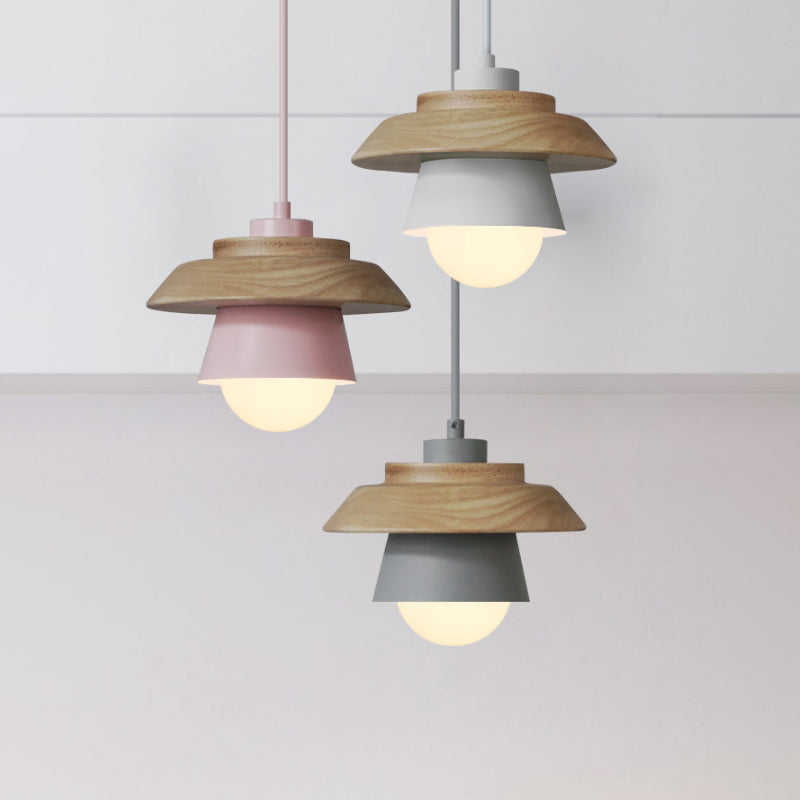 2-schattige Eisen-Hängelampe Kit Macaron Einzeln Pink/Grau/Grün und Holz Pendelleuchte