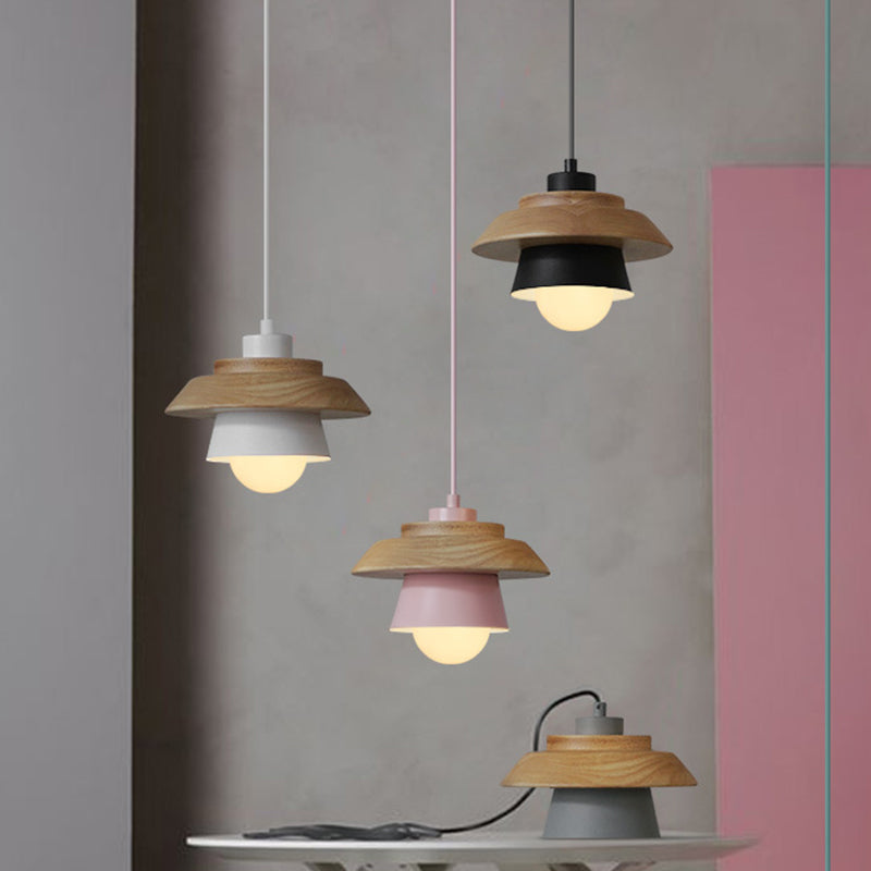 2-schattige Eisen-Hängelampe Kit Macaron Einzeln Pink/Grau/Grün und Holz Pendelleuchte