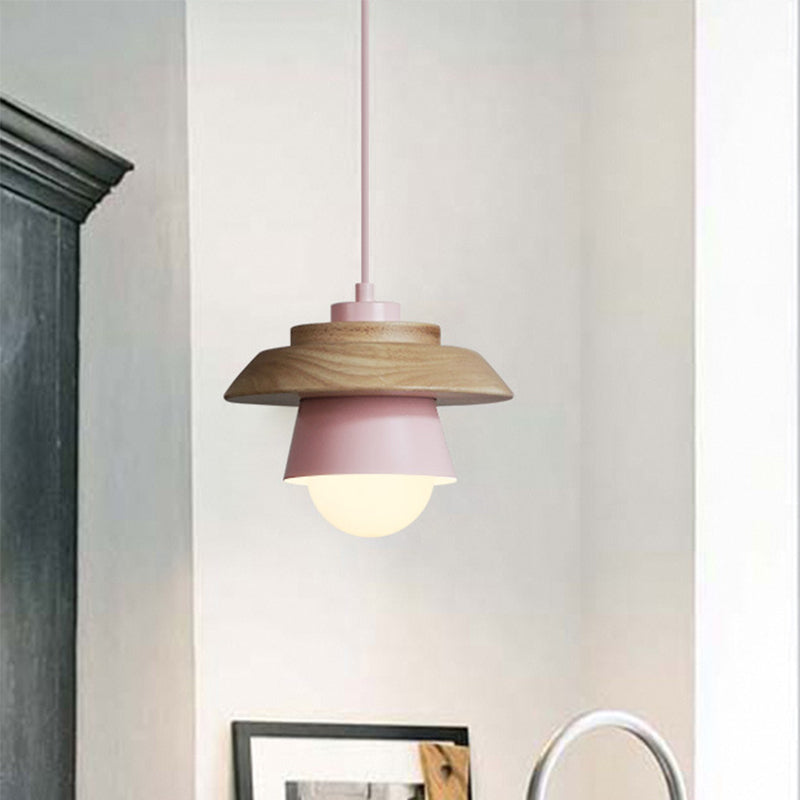 2-schattige Eisen-Hängelampe Kit Macaron Einzeln Pink/Grau/Grün und Holz Pendelleuchte