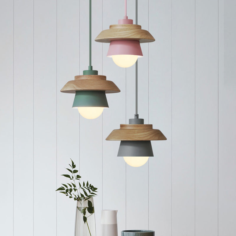 2-schattige Eisen-Hängelampe Kit Macaron Einzeln Pink/Grau/Grün und Holz Pendelleuchte