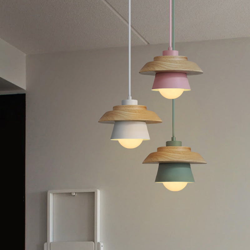 2-schattige Eisen-Hängelampe Kit Macaron Einzeln Pink/Grau/Grün und Holz Pendelleuchte