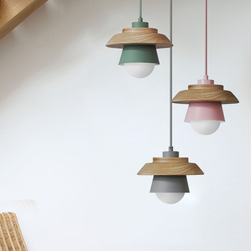 2-schattige Eisen-Hängelampe Kit Macaron Einzeln Pink/Grau/Grün und Holz Pendelleuchte
