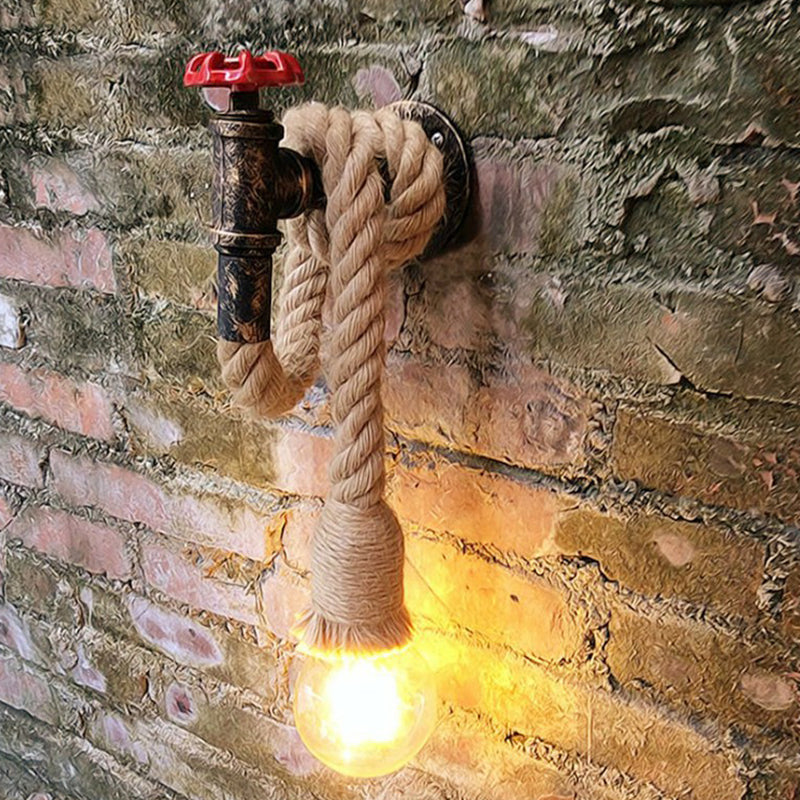 Frendorf | Industrielle Wasserhahn Wandlampe 1-Licht Hanfseil Wandmontierte Lampe in Braun für Weinbar