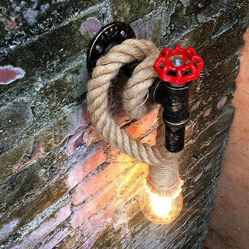Frendorf | Industrielle Wasserhahn Wandlampe 1-Licht Hanfseil Wandmontierte Lampe in Braun für Weinbar