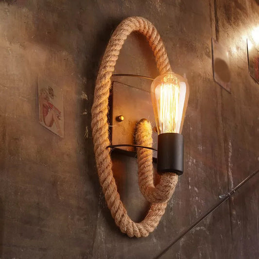 Frendorf | Einzelne Seil umwickelte Wandleuchte Bauernhaus Braun Oval/Rund Esszimmer Wandmontage Licht mit offenem Lampendesign