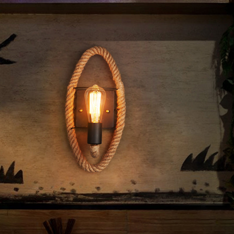 Frendorf | Einzelne Seil umwickelte Wandleuchte Bauernhaus Braun Oval/Rund Esszimmer Wandmontage Licht mit offenem Lampendesign