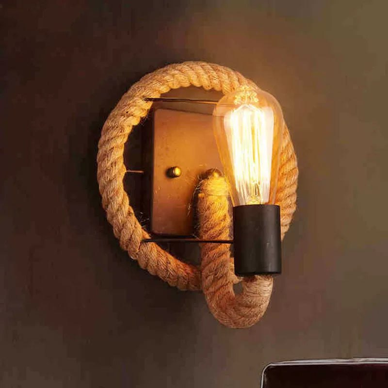 Frendorf | Einzelne Seil umwickelte Wandleuchte Bauernhaus Braun Oval/Rund Esszimmer Wandmontage Licht mit offenem Lampendesign