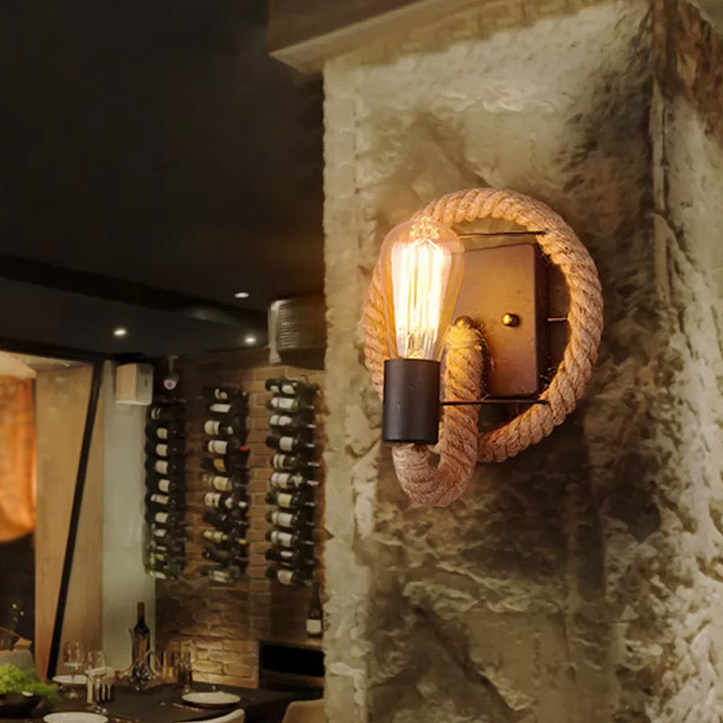 Frendorf | Einzelne Seil umwickelte Wandleuchte Bauernhaus Braun Oval/Rund Esszimmer Wandmontage Licht mit offenem Lampendesign