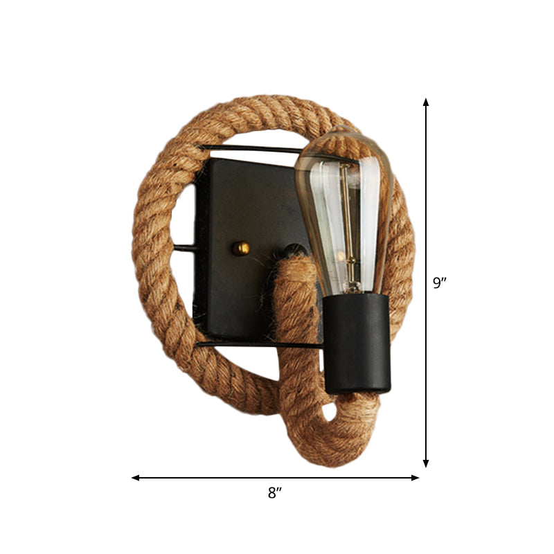 Frendorf | Einzelne Seil umwickelte Wandleuchte Bauernhaus Braun Oval/Rund Esszimmer Wandmontage Licht mit offenem Lampendesign