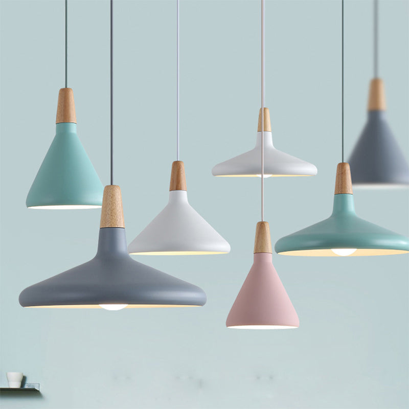 Grau/Rosa/Grün Kegel Hängeleuchte Macaron 1 Glühbirne Aluminium Deckenpendelleuchte mit Holzaufsatz für das Esszimmer