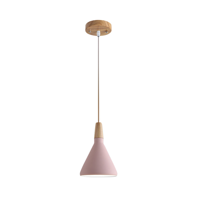 Grau/Rosa/Grün Kegel Hängeleuchte Macaron 1 Glühbirne Aluminium Deckenpendelleuchte mit Holzaufsatz für das Esszimmer