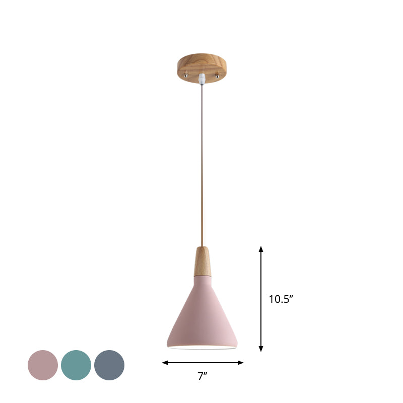 Grau/Rosa/Grün Kegel Hängeleuchte Macaron 1 Glühbirne Aluminium Deckenpendelleuchte mit Holzaufsatz für das Esszimmer