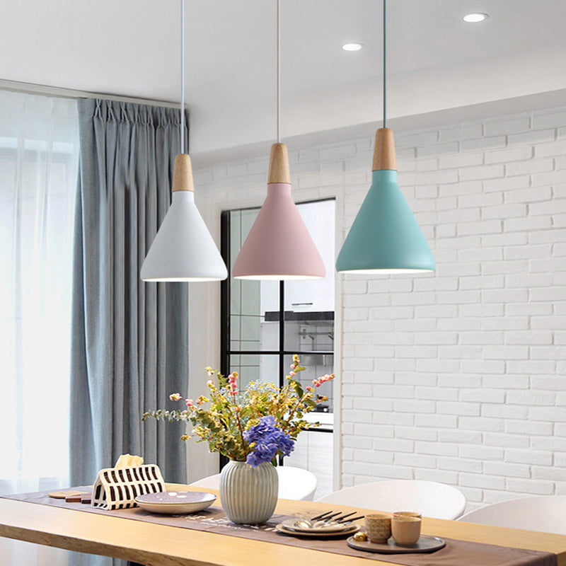Grau/Rosa/Grün Kegel Hängeleuchte Macaron 1 Glühbirne Aluminium Deckenpendelleuchte mit Holzaufsatz für das Esszimmer