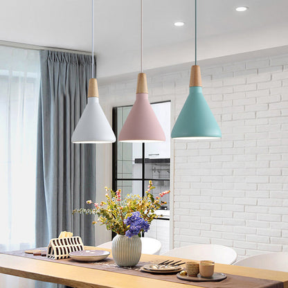 Grau/Rosa/Grün Kegel Hängeleuchte Macaron 1 Glühbirne Aluminium Deckenpendelleuchte mit Holzaufsatz für das Esszimmer