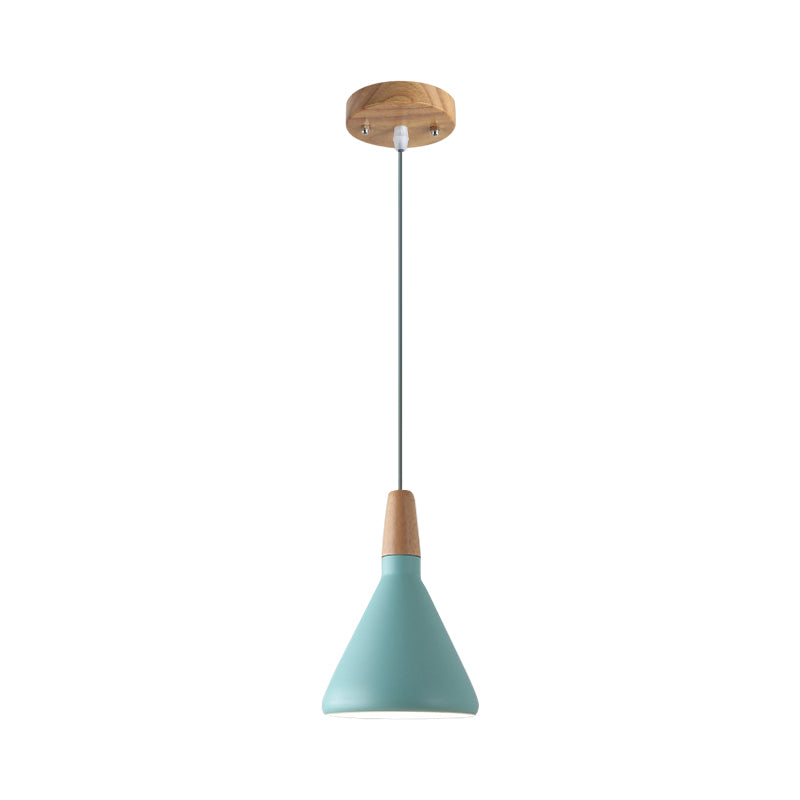 Grau/Rosa/Grün Kegel Hängeleuchte Macaron 1 Glühbirne Aluminium Deckenpendelleuchte mit Holzaufsatz für das Esszimmer