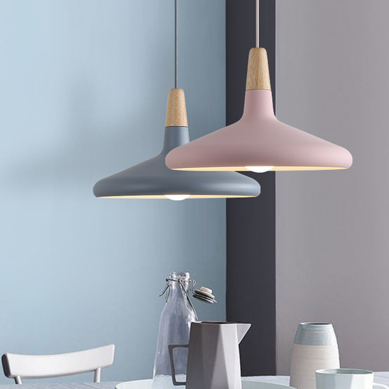 Grau/Rosa/Grün Kegel Hängeleuchte Macaron 1 Glühbirne Aluminium Deckenpendelleuchte mit Holzaufsatz für das Esszimmer