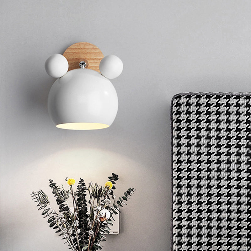 Frendorf | Bär/Glocke Rotierende Wandmontierte Lampe Macaron Eisen 1-Kopf Nachttisch Lese Wandlicht in Weiß/Rosa/Grün und Holz