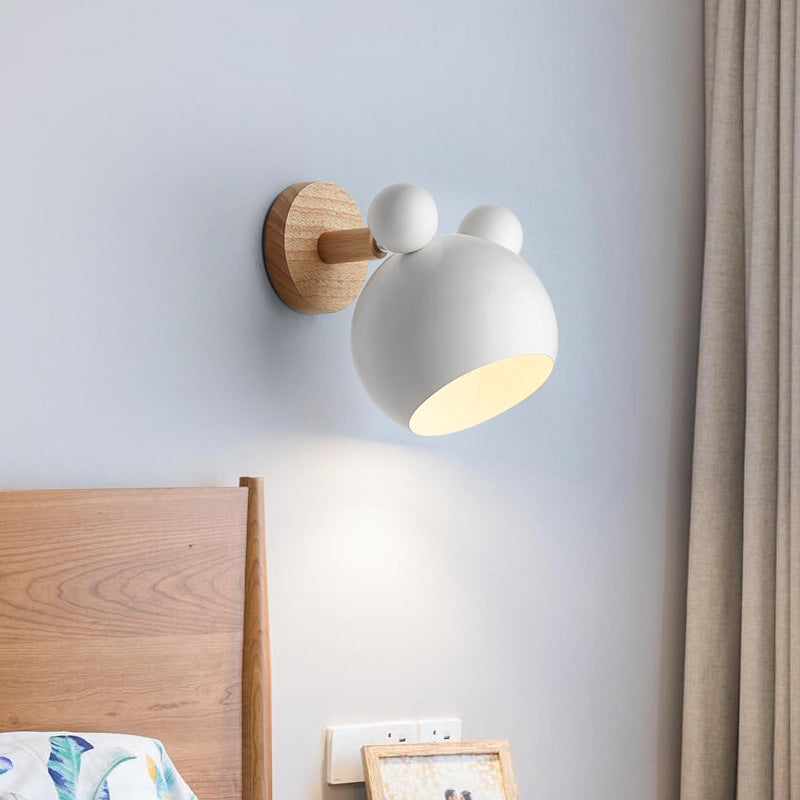 Frendorf | Bär/Glocke Rotierende Wandmontierte Lampe Macaron Eisen 1-Kopf Nachttisch Lese Wandlicht in Weiß/Rosa/Grün und Holz