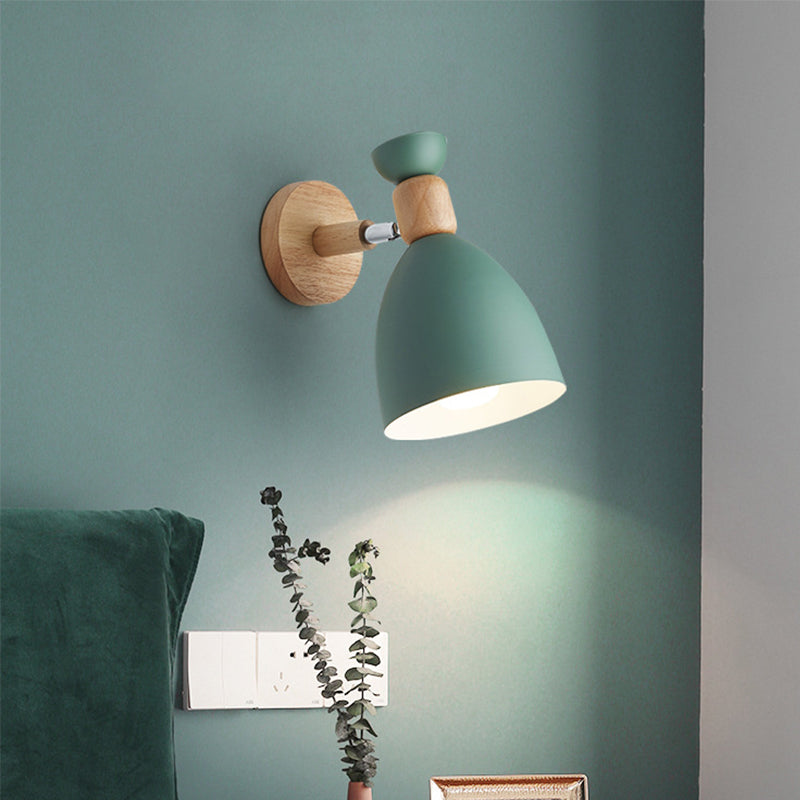 Frendorf | Bär/Glocke Rotierende Wandmontierte Lampe Macaron Eisen 1-Kopf Nachttisch Lese Wandlicht in Weiß/Rosa/Grün und Holz