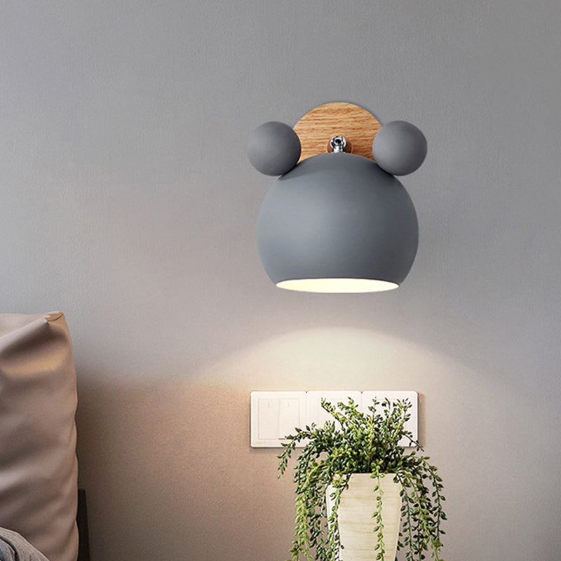 Frendorf | Bär/Glocke Rotierende Wandmontierte Lampe Macaron Eisen 1-Kopf Nachttisch Lese Wandlicht in Weiß/Rosa/Grün und Holz