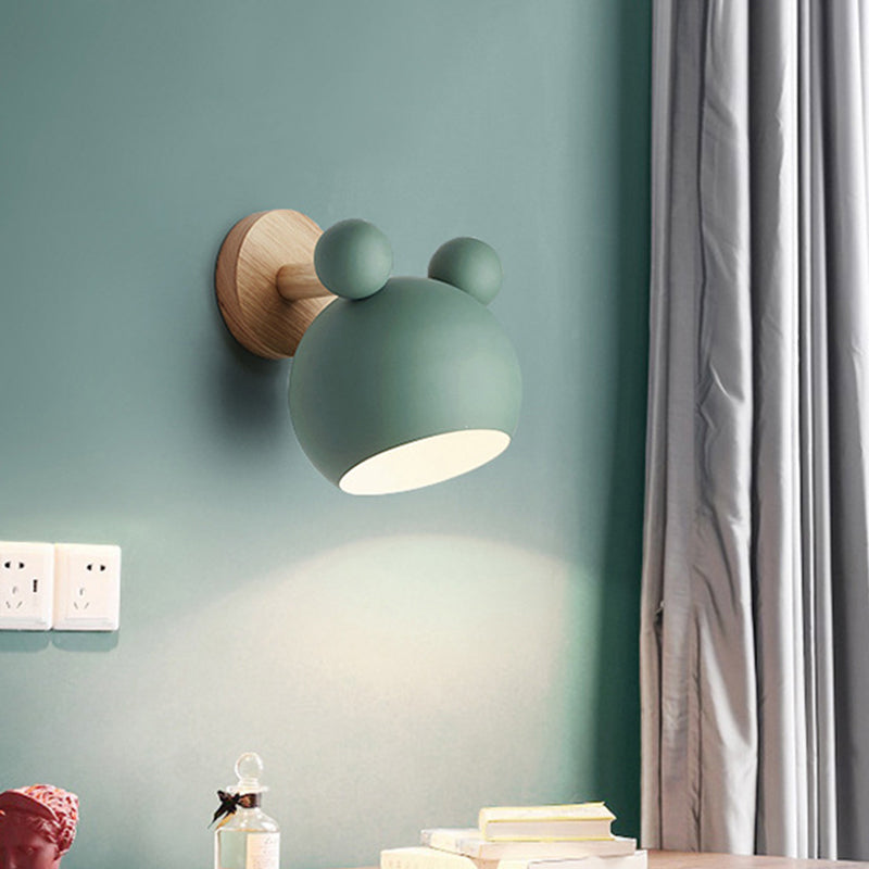 Frendorf | Bär/Glocke Rotierende Wandmontierte Lampe Macaron Eisen 1-Kopf Nachttisch Lese Wandlicht in Weiß/Rosa/Grün und Holz