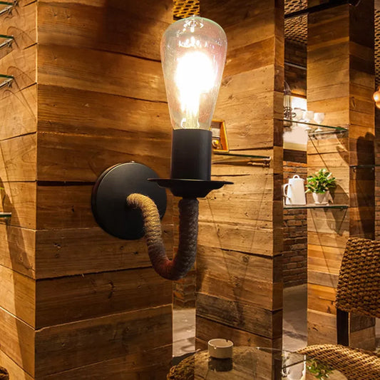 Frendorf | Seilumwicklung Arm Wandleuchte Rustikal 1 Kopf Badezimmer Wandmontierte Lampe mit Offenes Glühbirne Design in Schwarz