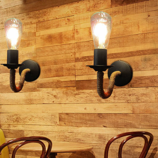 Frendorf | Seilumwicklung Arm Wandleuchte Rustikal 1 Kopf Badezimmer Wandmontierte Lampe mit Offenes Glühbirne Design in Schwarz